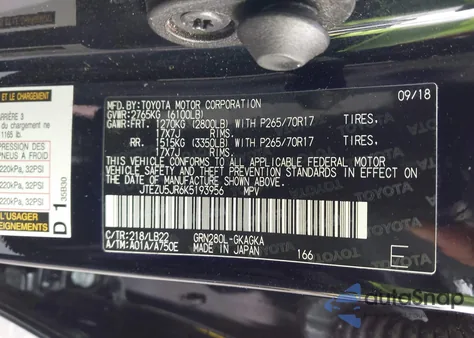 2019 Toyota 4Runner Sr5 Premium z USA, uszkodzony, nr VIN JTEZU5JR6K5193956